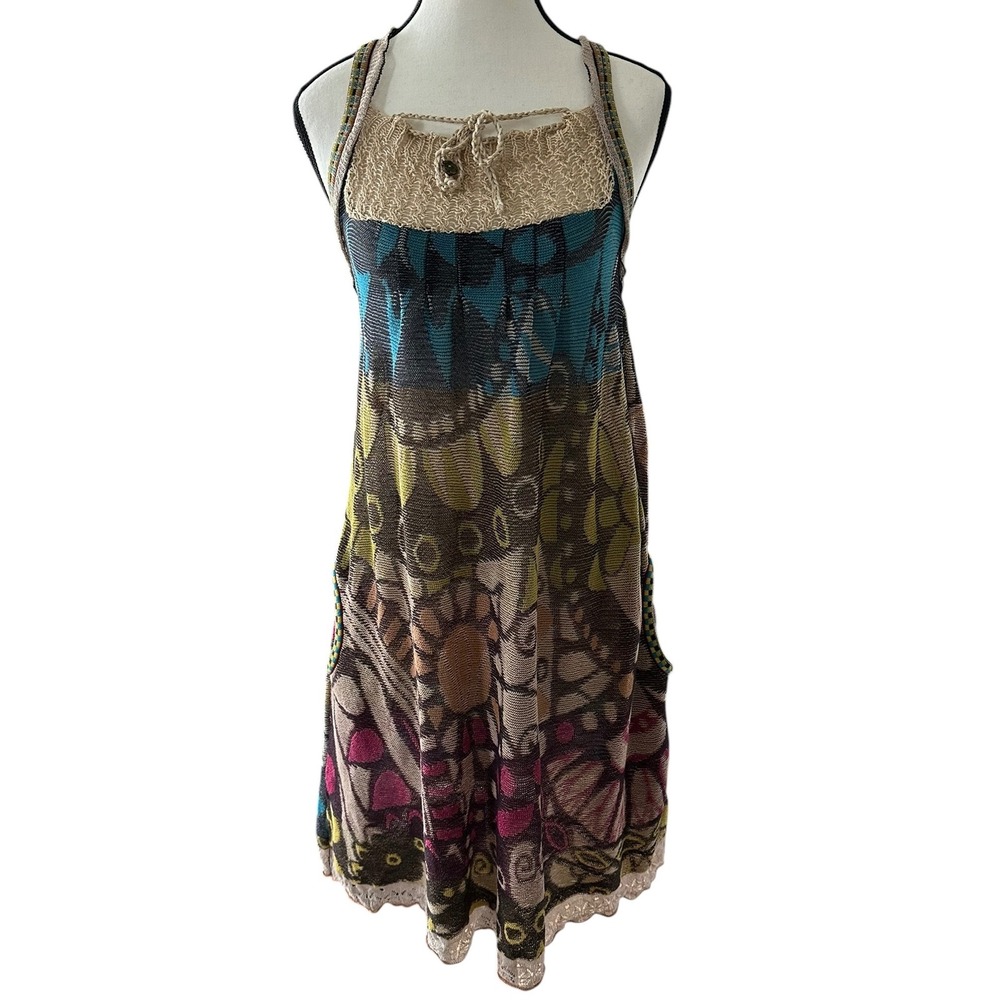 IVKO Woman Geo Floral Pattern Loose Knit Dress Pockets Cotton Linen Size 36 S